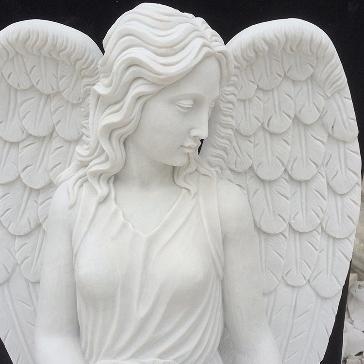 Factory direct supply customizable Hand carved exquisite white marble angel wings headstone