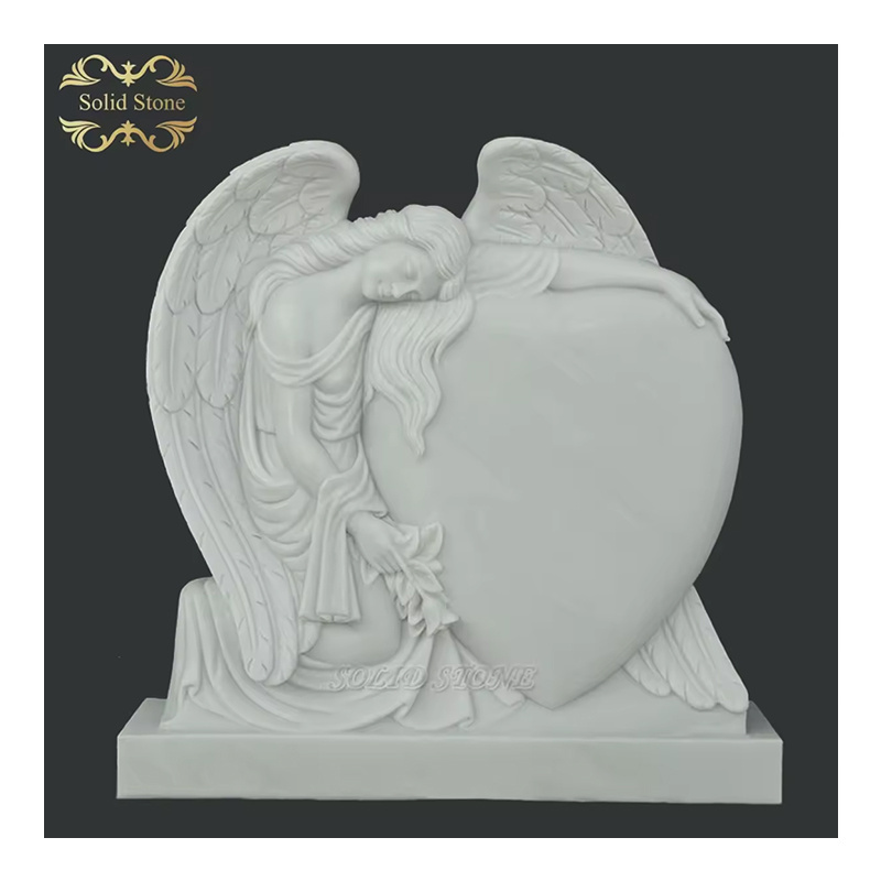 Low price wholesale unique beautiful Hand carving exquisite natural white marble outdoors heart shaped angel monument