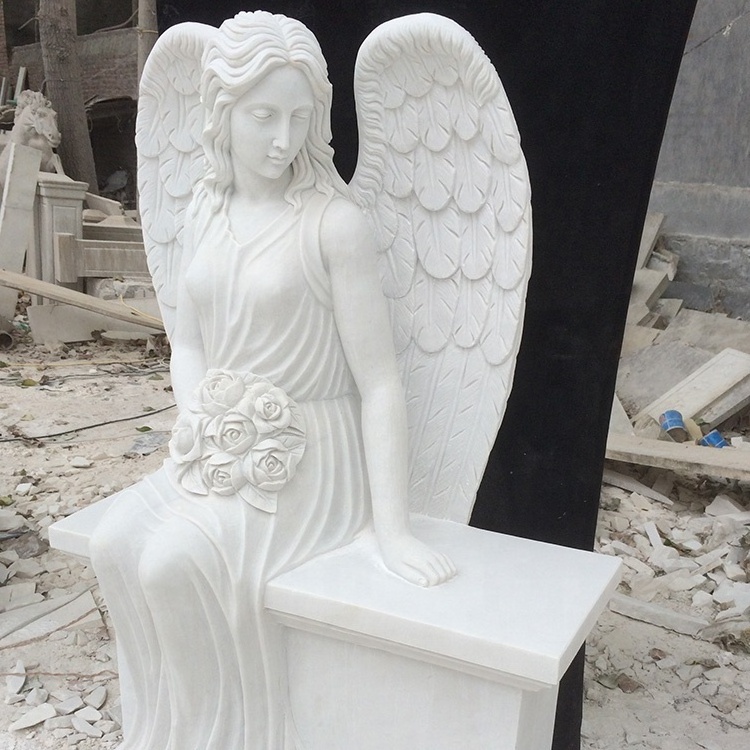 Factory direct supply customizable Hand carved exquisite white marble angel wings headstone