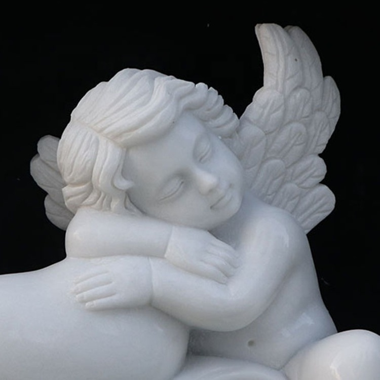 Well selected white marble stone carved little baby angel holding heart headstone