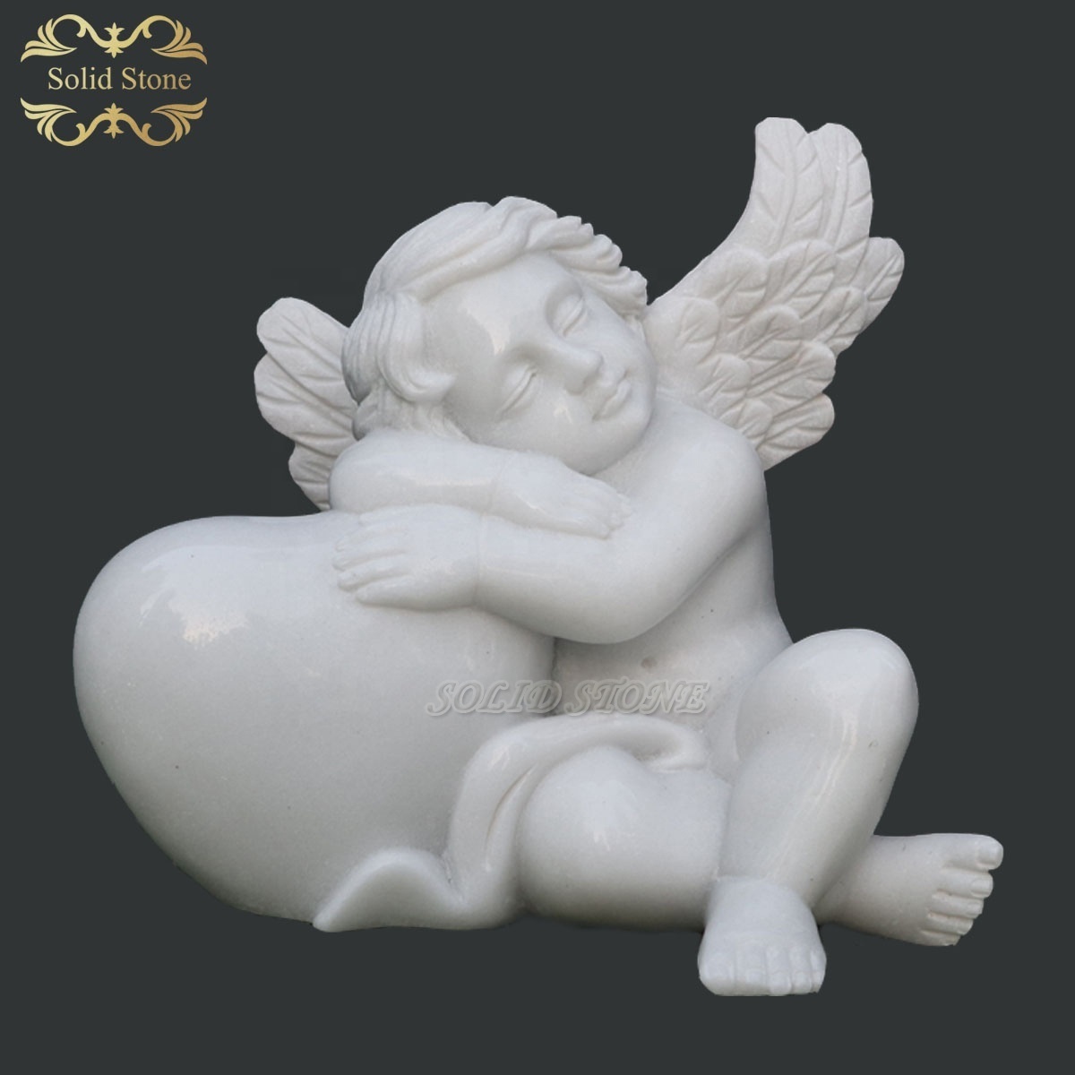 Well selected white marble stone carved little baby angel holding heart headstone