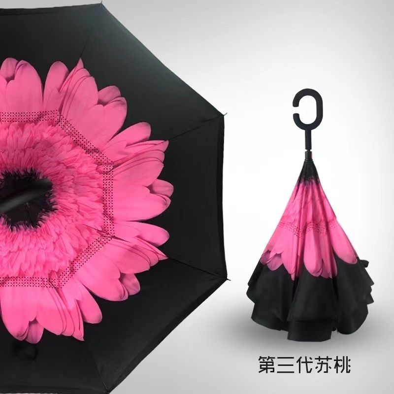 Customized logo sunny and rainy colored rose pattern hands free Chand straight reverse Windproof umbrella