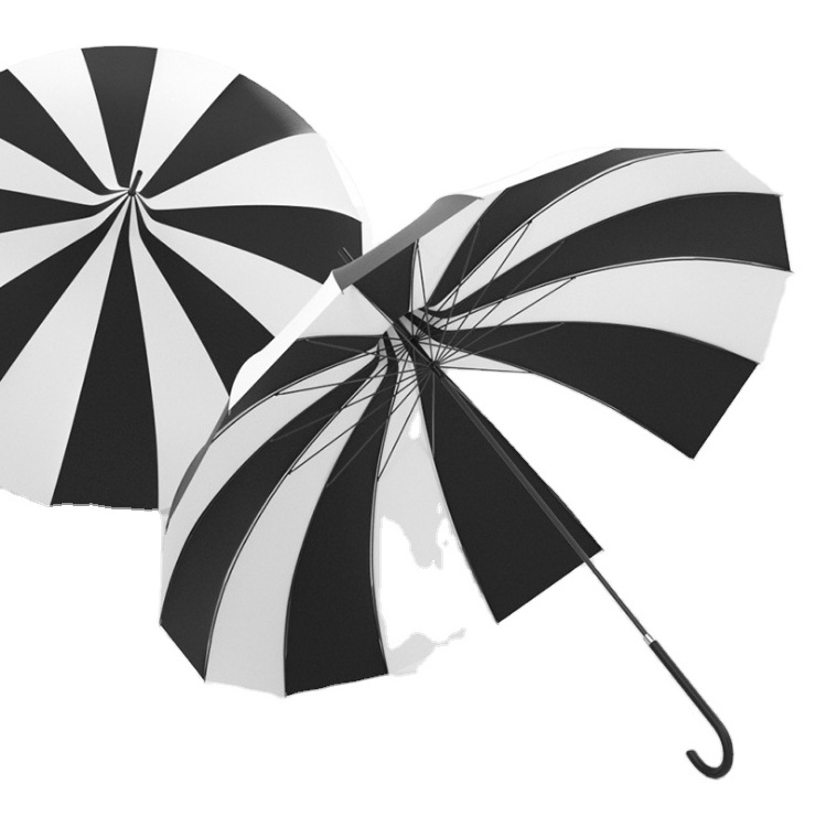 New black and white striped pagoda umbrella 16K straight stem long handle sunny and rainy creative photography wedding umbrella