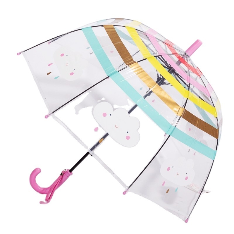 Factory wholesale straight pole rainbow pattern children's umbrella POE transparent mushroom umbrella