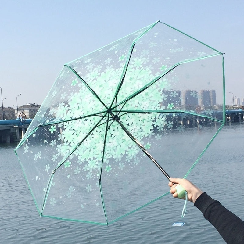 Japanese umbrella Cherry blossom transparent umbrella Student thickened couple three folding creative umbrella for girls