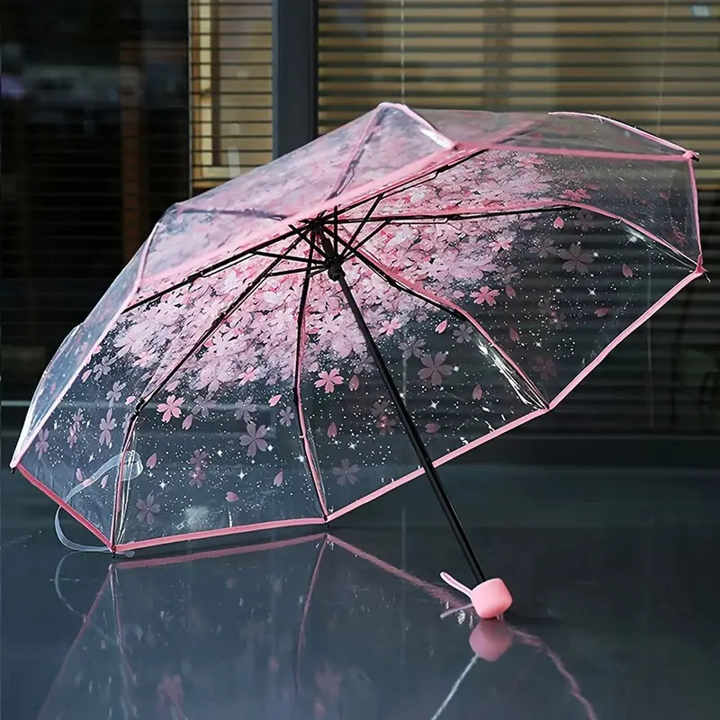 Japanese umbrella Cherry blossom transparent umbrella Student thickened couple three folding creative umbrella for girls