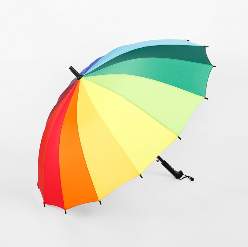 Custom Cheap Rainbow Umbrella Plastic Handle Straight Umbrella Curved Handle Rain Umbrella