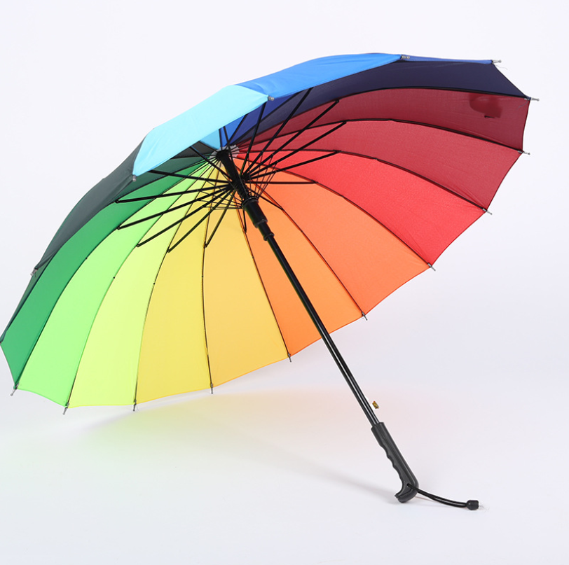 Custom Cheap Rainbow Umbrella Plastic Handle Straight Umbrella Curved Handle Rain Umbrella