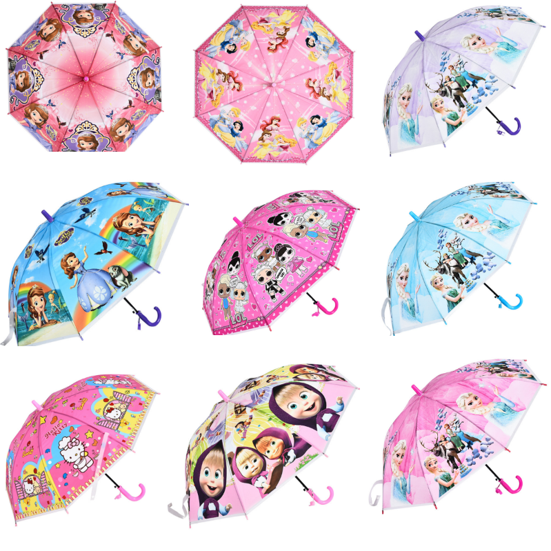 Wholesale 19inch 8K POE Kids Umbrellas Cheap Children Umbrella J shape Straight Cartoon Printed Umbrella With Whistle