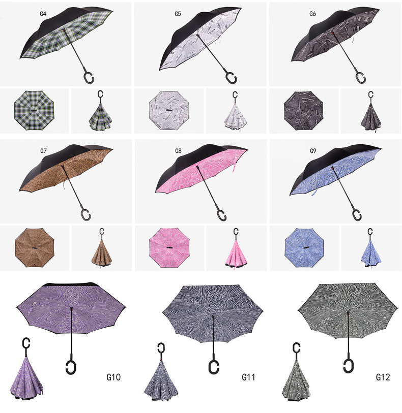 Pattern Design Custom Semi Automatic Open Double Layer Windproof Inverted Reverse Car Umbrella