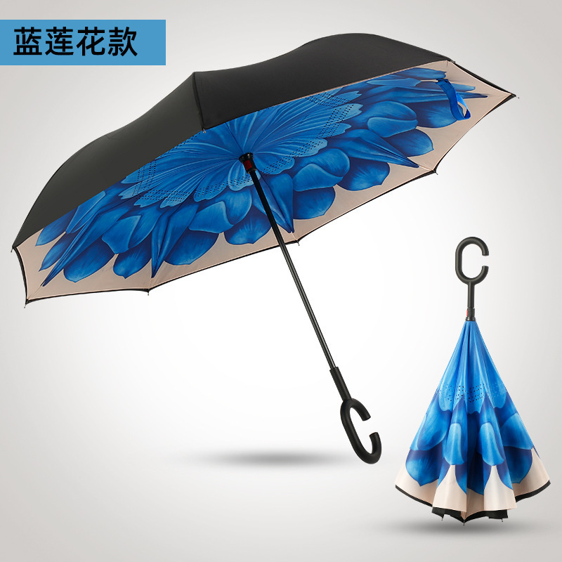 Customized logo sunny and rainy colored rose pattern hands free Chand straight reverse Windproof umbrella