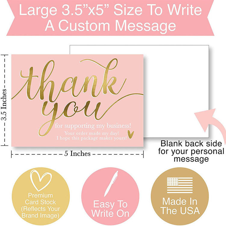 Custom Holographic Pink Thank You Cards Printing for Business Large Size 3.5x5 inches Pink Thank You Cards