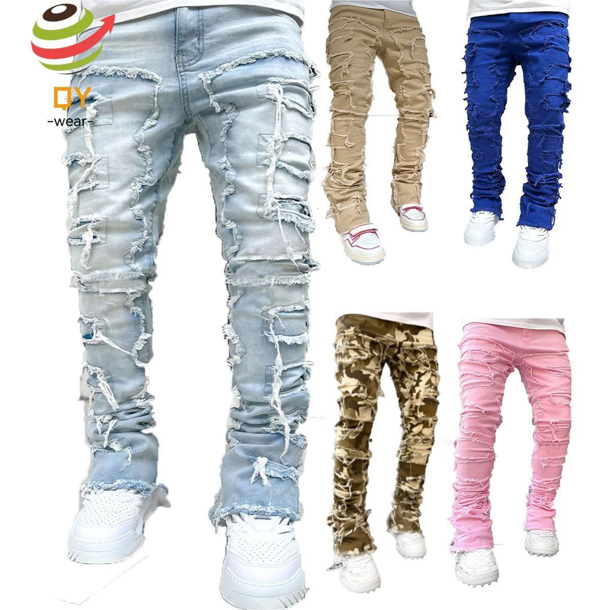 QY2143 2024 New arrivals Custom Logo Slim Fit Designer Patch Stretch Stacked Jeans Men Tassel Skinny Flared Denim Men Jeans