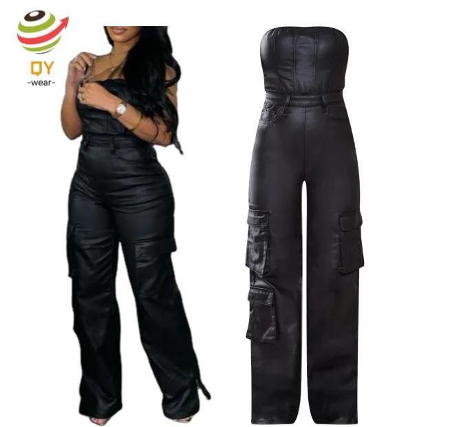 QY11803 streetwear 2024 female clothes solid black tight jumpsuit one piece cargo pants Pu leather jumpsuits