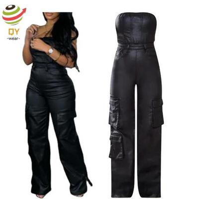 QY11803 streetwear 2024 female clothes solid black tight jumpsuit one piece cargo pants Pu leather jumpsuits