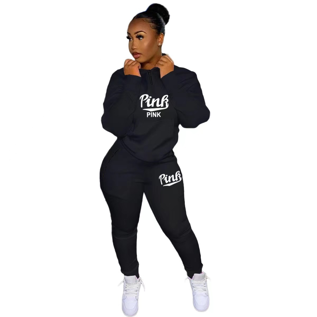 Winter Tracksuits Suits Two Piece Set Women Pink Letter Print Sport Casual Outfits Zip Sweatshirt Top+Pants Set Women Sweat Suit