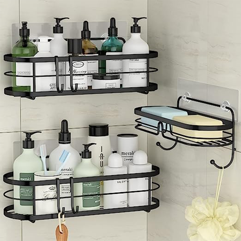 3Pcs Set Black Adhesive Shower Storage Shelf Rack Shower Caddy For Bathroom Organizer Wall Mounted