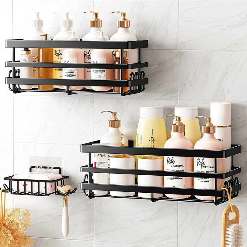 2023 best selling metal wire adhesive black bathroom shower shelf rack