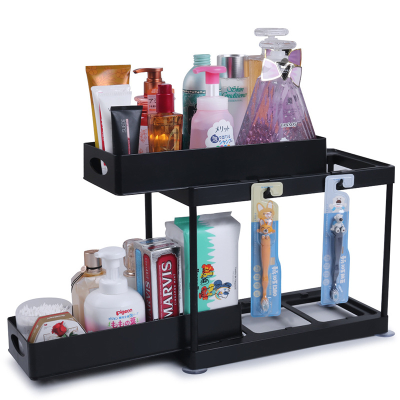 Strong 2 Tier Adjustable Height Sliding Bathroom Under Sink Storage Rack Pull Out Drawer Under Sink Organizer For Bathroom