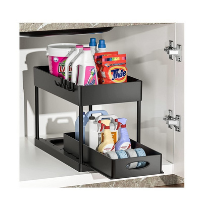 Strong 2 Tier Adjustable Height Sliding Bathroom Under Sink Storage Rack Pull Out Drawer Under Sink Organizer For Bathroom