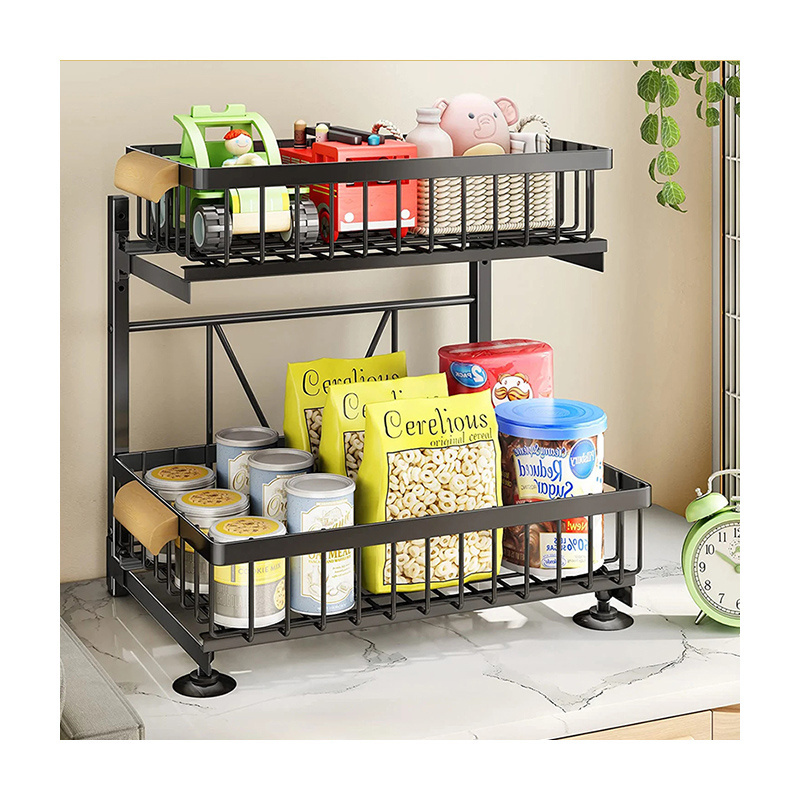 No Drilling Large Capacity 2 Tier Drawer Sliding Cabinet Under Sink Storage Organizer Basket Pull Out Cabinet With Wooden Handle