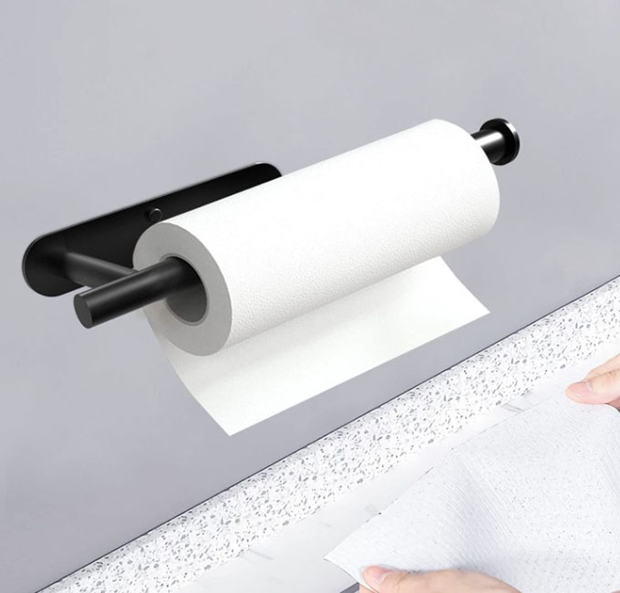 Kitchen Under Cabinet Paper Towel Holder Wall Mounted Stainless Steel Adhesive Paper Towel Roll Rack Black