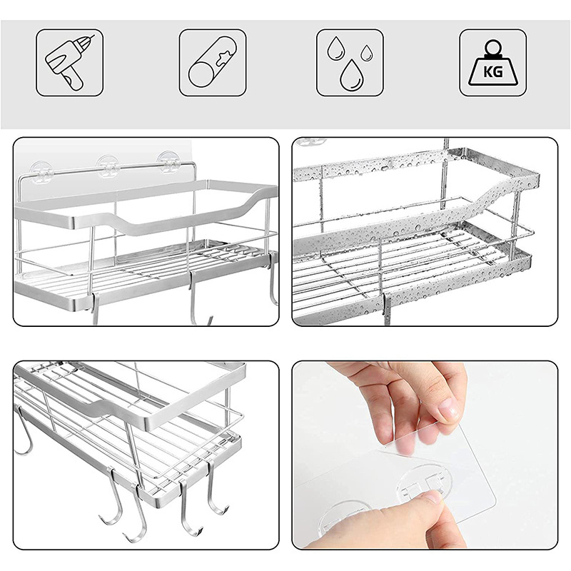 China wholesale stainless steel shower caddy adhesive on wall shower caddy bathroom shelf 2-pack for bathroom