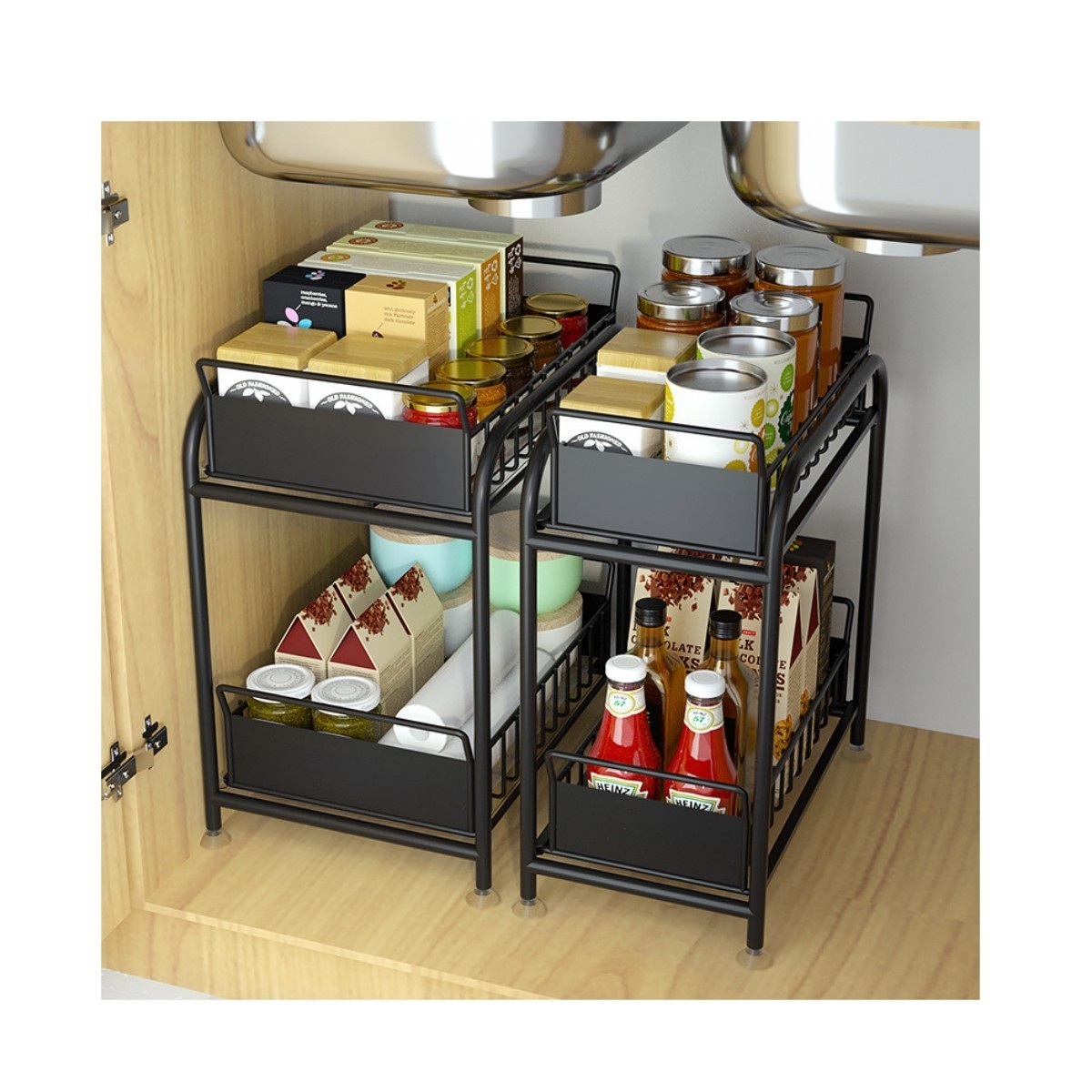 2pc Slide Out Under Sink Organizer Set 2 Pack Sliding Cabinet Basket Organizer Drawer for Kitchen Under Sink