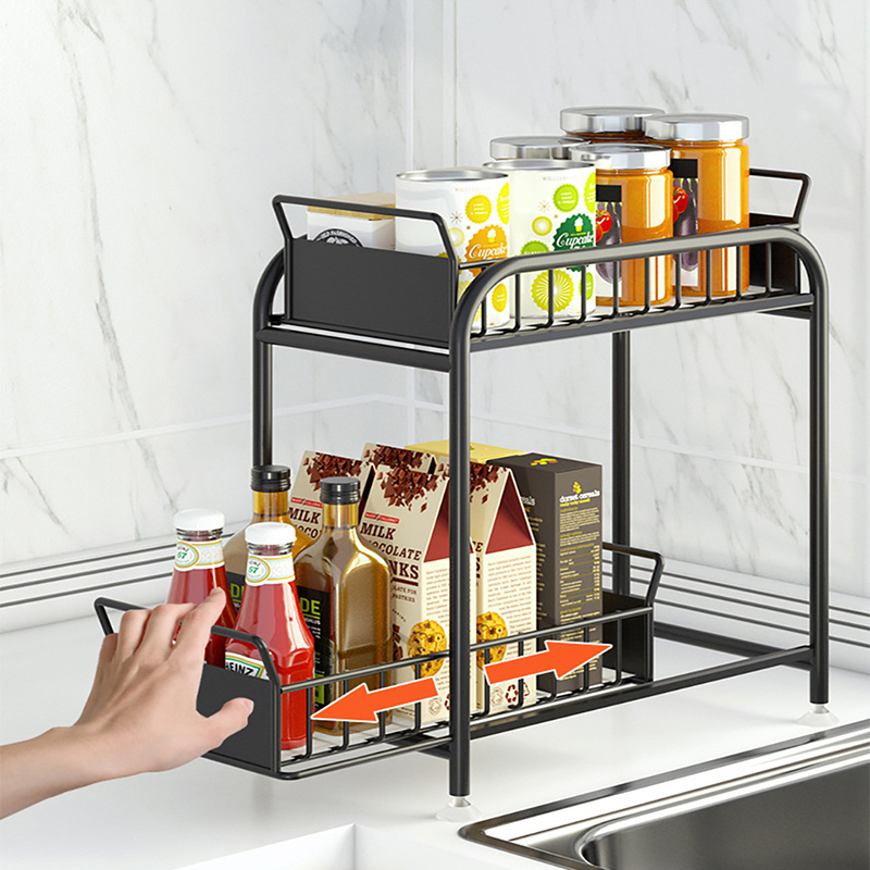 2pc Slide Out Under Sink Organizer Set 2 Pack Sliding Cabinet Basket Organizer Drawer for Kitchen Under Sink