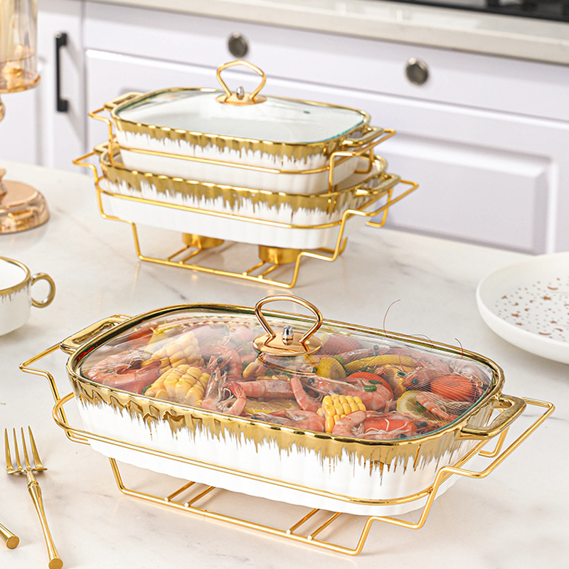 2024 New Arrival Design Ceramic Hot Food Display Warmer Chafing Dish Buffet Set Luxury Gold Food Warmer Set for Party