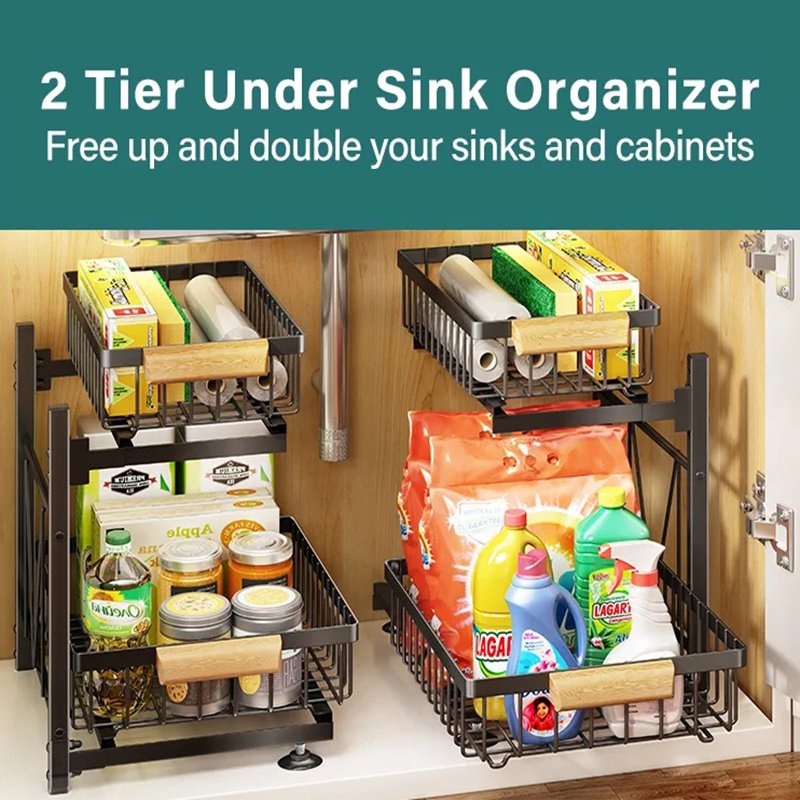 2023 New 2 Tier Kitchen Under The Sink Rack Cabinet Storage Rack Kitchen Sliding Pull Out Basket Organizers And Storage Drawer