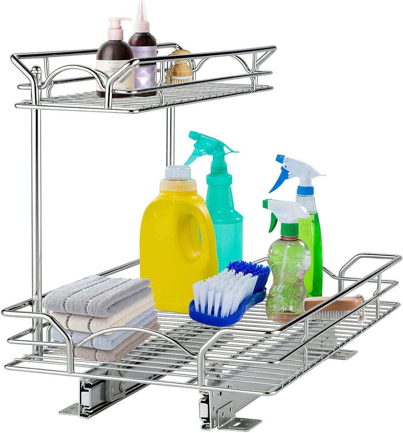 Multi Purpose 2 Tier Under Sink Organizer Pull Out Wire Drawer Basket Seasoning Storage Shelf Rack for Kitchen Cabinet