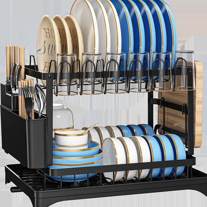 2 Tier Multifunctional Rustproof Kitchen Dish Drainer Rack Dishes Drying Rack Holder with Drainboard and Utensil Holder