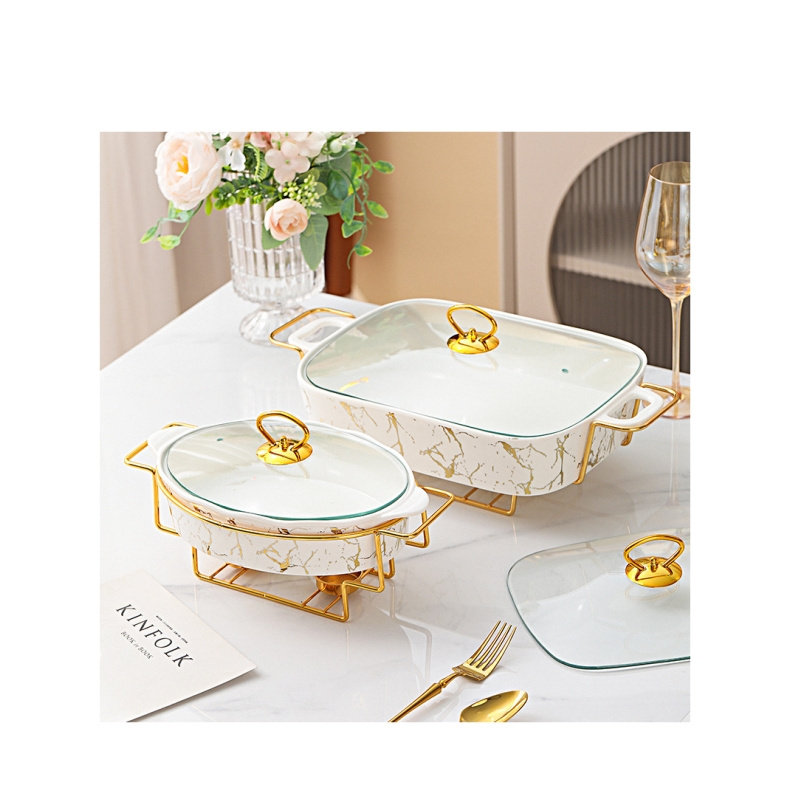 Ceramic Bakeware Factory Price Hot Pot Buffet Food Warmer Chafing Dish Buffet Set Luxury Gold Casseroles Hotpot Food Warmer