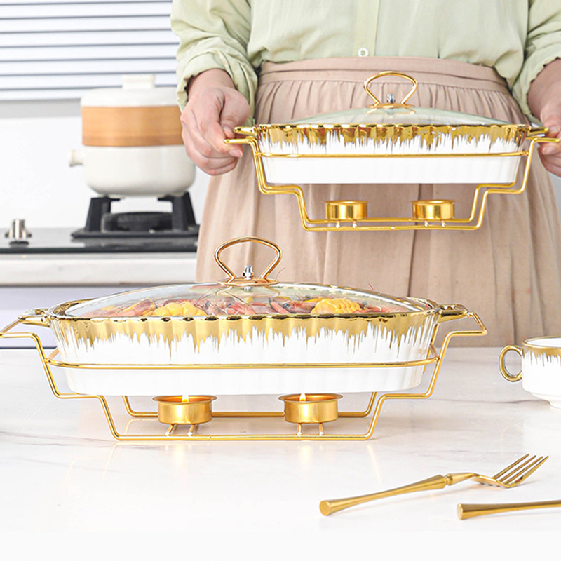 2024 New Arrival Design Ceramic Hot Food Display Warmer Chafing Dish Buffet Set Luxury Gold Food Warmer Set for Party