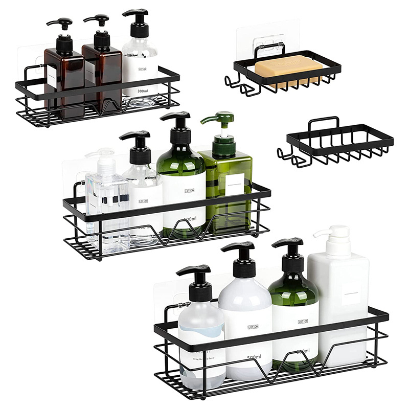 5 Pack Wall Mounted Adhesive Bathroom Organizer Shower Caddy with Soap Dish Holder Matte Black