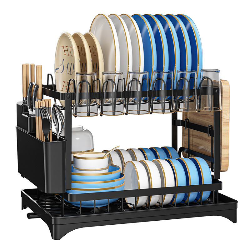 2 Tier Multifunctional Rustproof Kitchen Dish Drainer Rack Dishes Drying Rack Holder with Drainboard and Utensil Holder