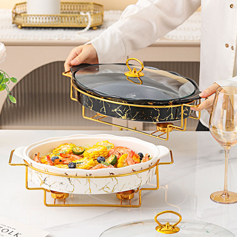 Ceramic Bakeware Factory Price Hot Pot Buffet Food Warmer Chafing Dish Buffet Set Luxury Gold Casseroles Hotpot Food Warmer