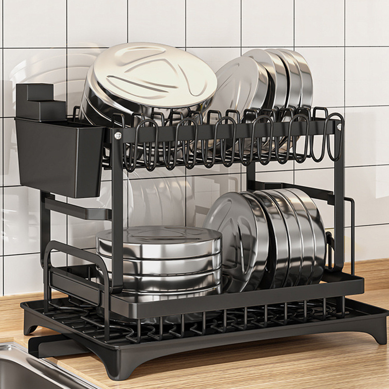 2 Tier Multifunctional Rustproof Kitchen Dish Drainer Rack Dishes Drying Rack Holder with Drainboard and Utensil Holder