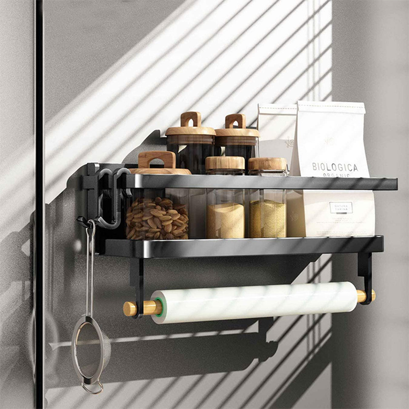 Wall Mounted Foldable Refrigerator Magnetic Spice Holder Seasoning Organizer Hanging with Paper Towel Holder Roll and Hooks