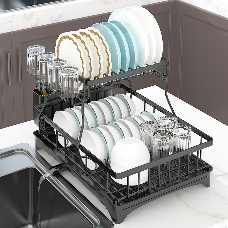 Household Over the sink Steel 2 Layer Dish Drainer Rack kitchen Metal Wire Counter-Top Drainer Dish Draining Rack