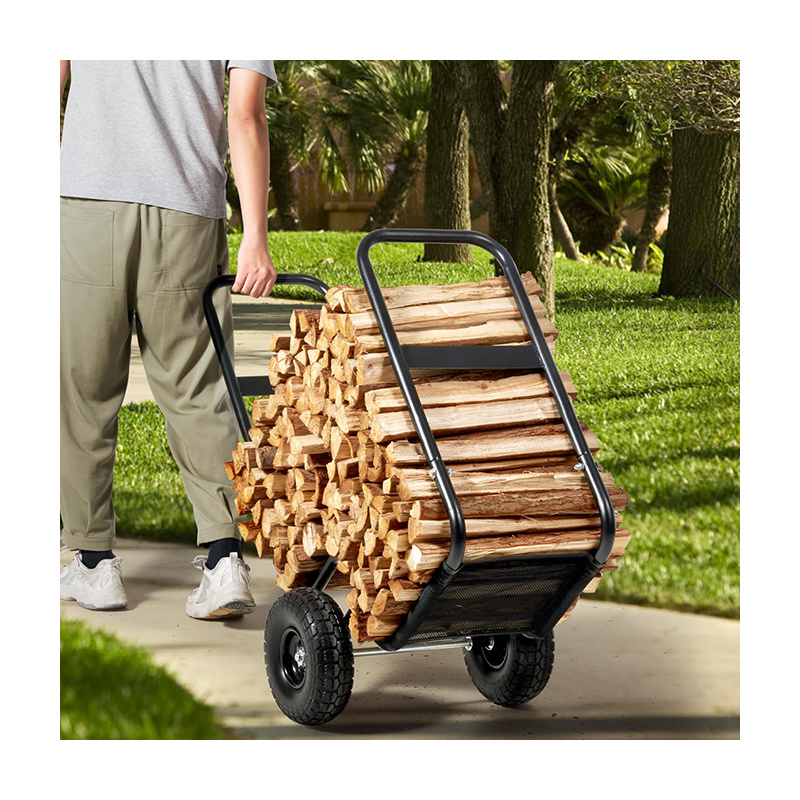 Heavy Duty Corten Steel Firewood Log Cart Storage Rack With Wheels Outdoor Indoor Multifunction