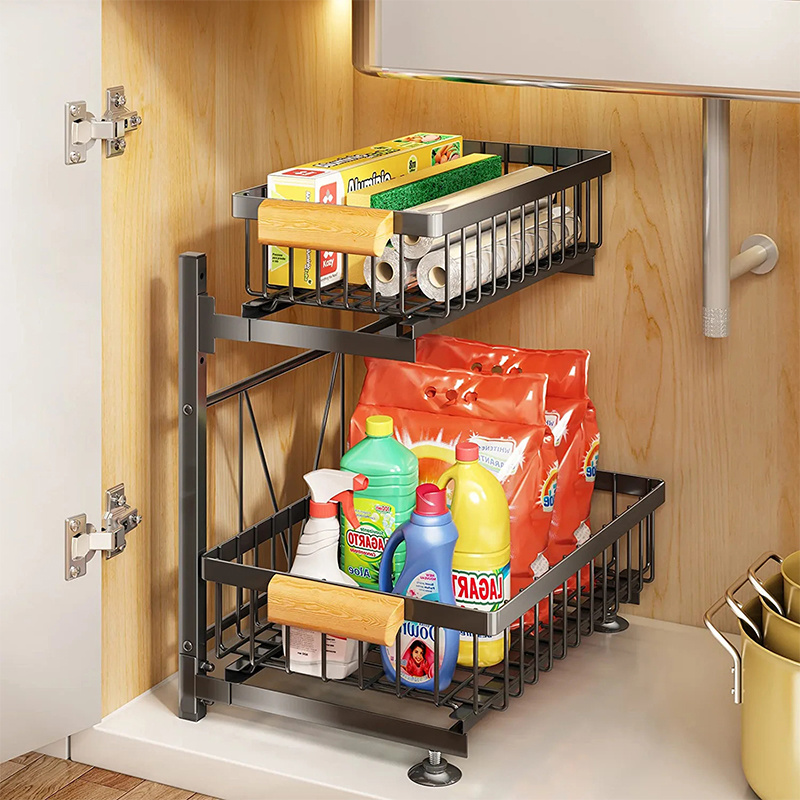 No Drilling Large Capacity 2 Tier Drawer Sliding Cabinet Under Sink Storage Organizer Basket Pull Out Cabinet With Wooden Handle