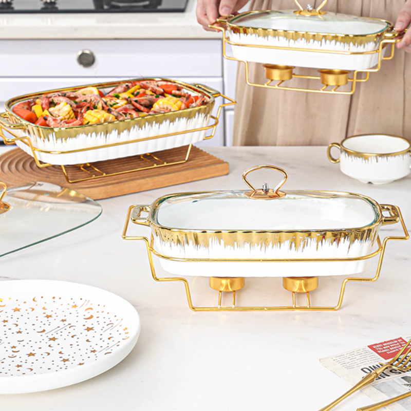 2024 New Arrival Design Ceramic Hot Food Display Warmer Chafing Dish Buffet Set Luxury Gold Food Warmer Set for Party