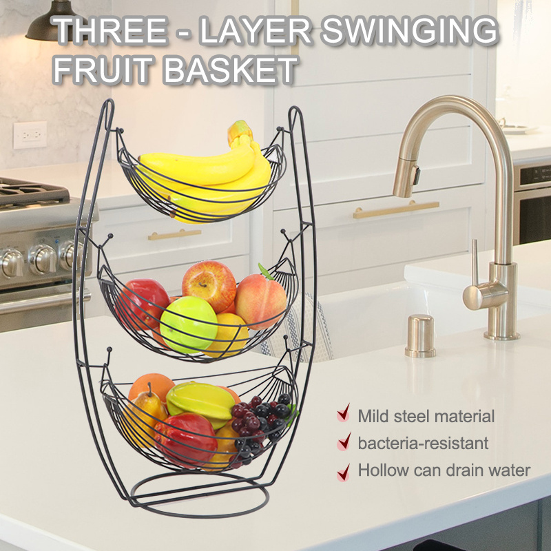 Sturdy Portable Commercial 3 Tier Swinging Vegetable Fruit Basket Wire Standing Fruit And Vegetable Basket