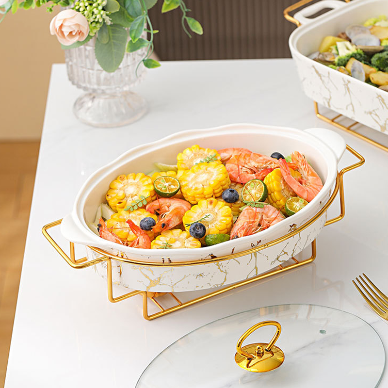 Ceramic Bakeware Factory Price Hot Pot Buffet Food Warmer Chafing Dish Buffet Set Luxury Gold Casseroles Hotpot Food Warmer