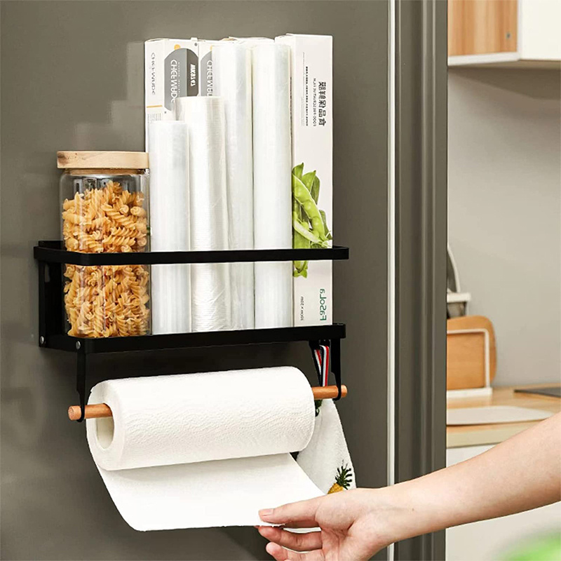 Wall Mounted Foldable Refrigerator Magnetic Spice Holder Seasoning Organizer Hanging with Paper Towel Holder Roll and Hooks