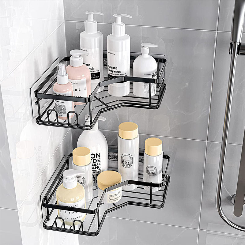 Best selling items 2pack adhesive corner shower caddy shelf black stainless steel adhesive shower shelf