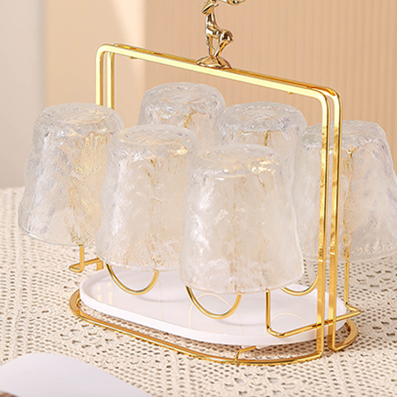 Portable Nordic Luxury Gold Tea Cup Organizer Hanger Wine Glass Holder Free Standing For Table With 6 Hooks