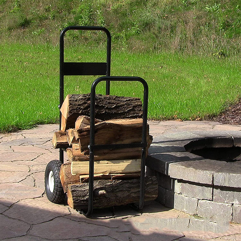 Heavy Duty Corten Steel Firewood Log Cart Storage Rack With Wheels Outdoor Indoor Multifunction